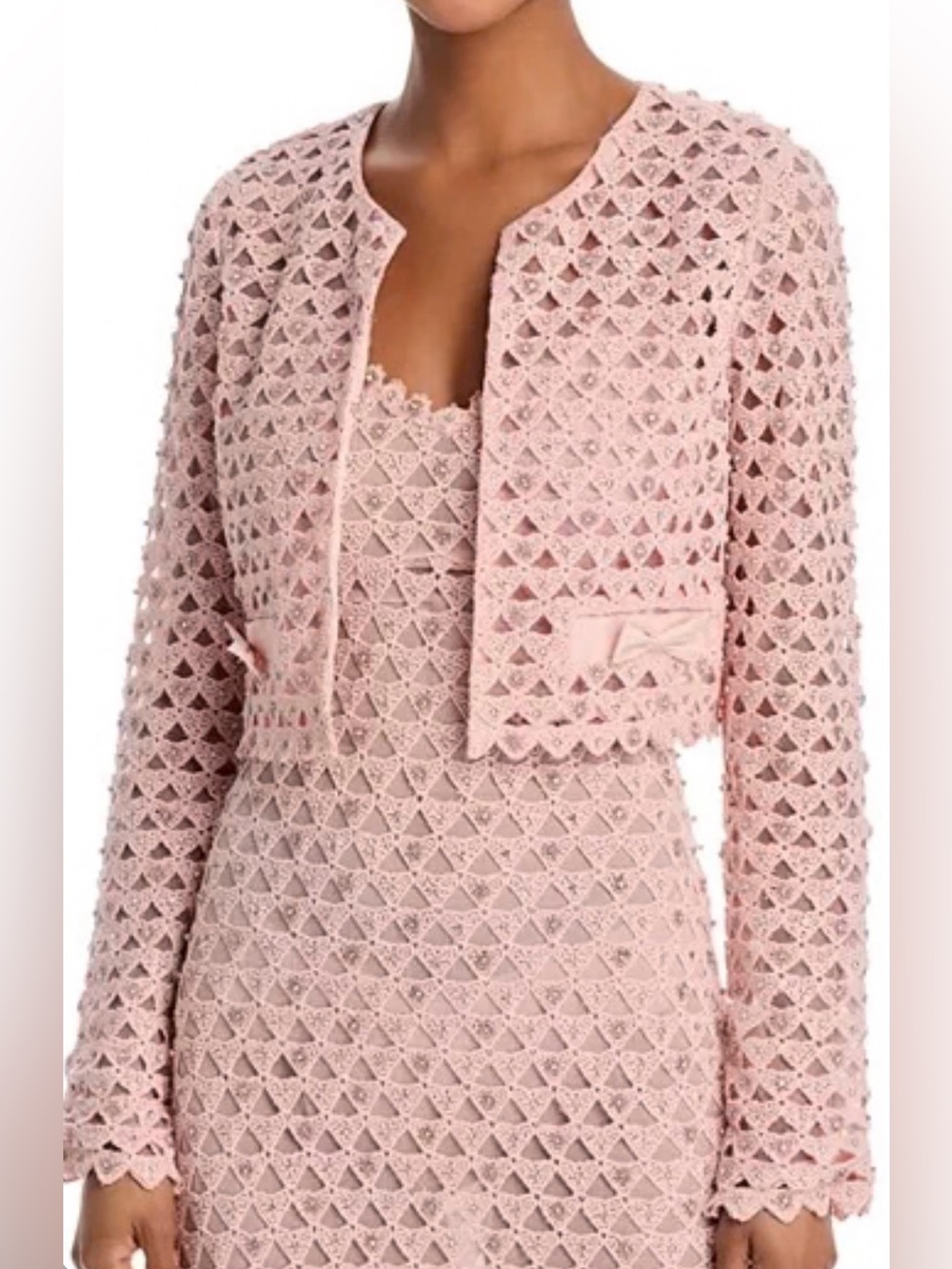 LoveShackFancy 4 Alaya Jacket Blush Crochet Lace Cropped Blazer Bows Rhinestones